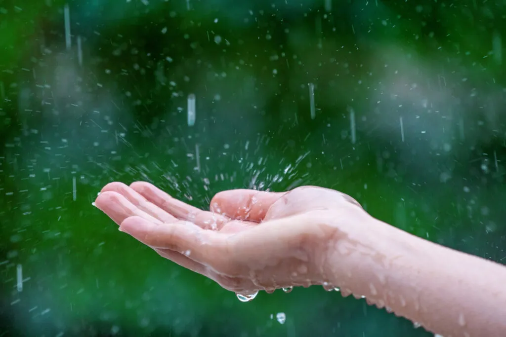 Rain falling onto an open palm
