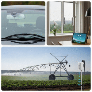 Kolase penggunaan sensor hujan pada mobil, rumah pintar, dan irigasi.