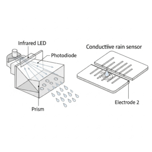 Ilustrasi sensor hujan optik dan konduktif beserta komponennya.