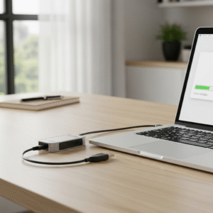ata logger USB sedang terhubung ke laptop melalui kabel USB