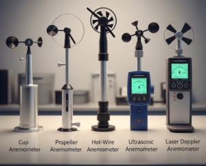 Berbagai jenis anemometer untuk pengukuran kecepatan angin.