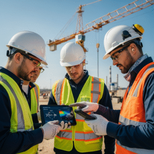 Operator crane memantau data kecepatan angin di proyek