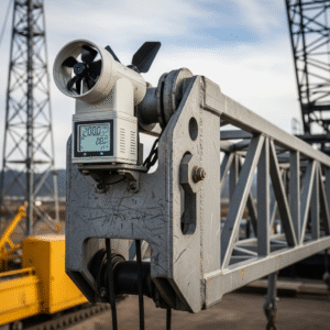 Sensor anemometer di boom crane mengukur kecepatan angin.